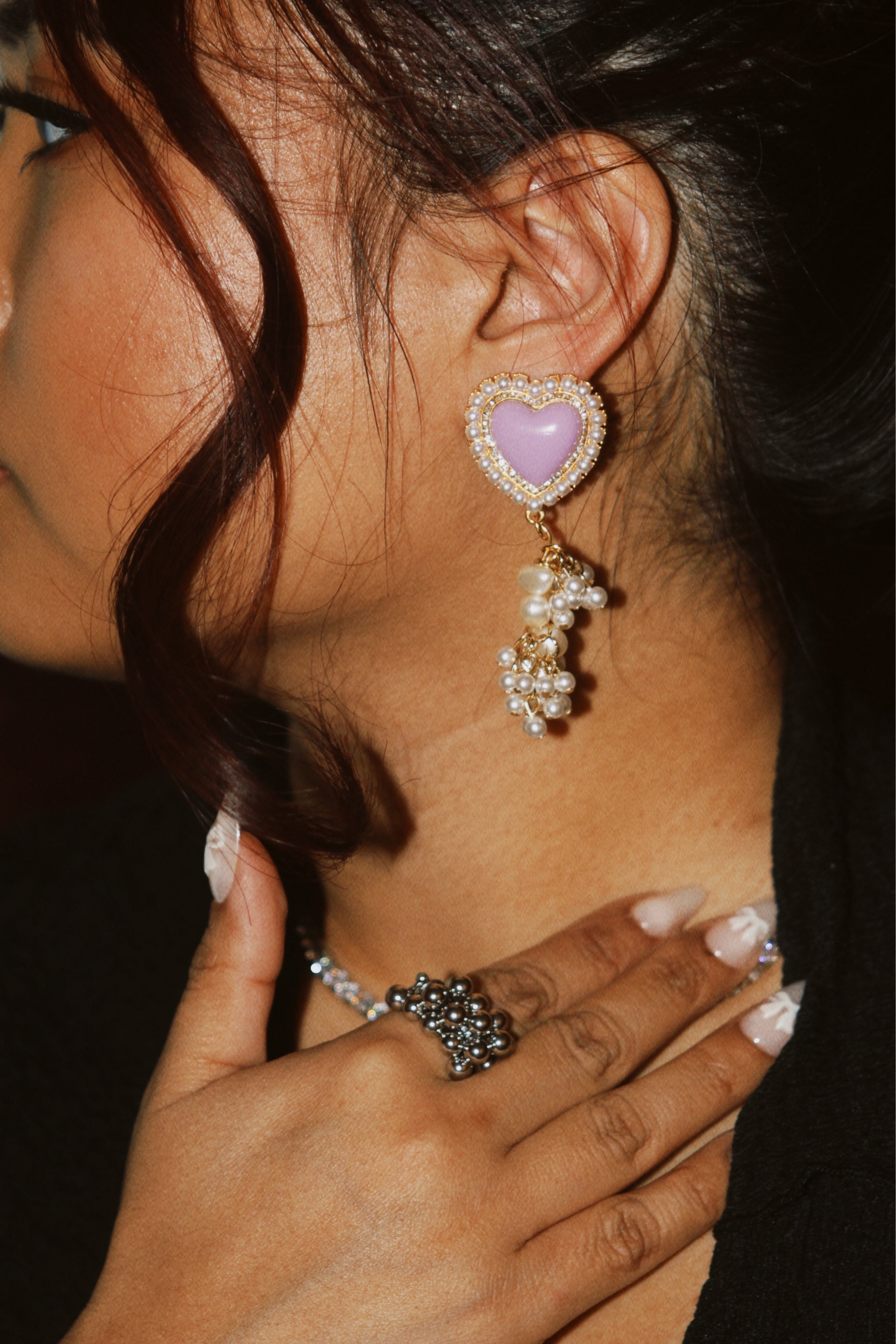 Lavender heart drop earrings