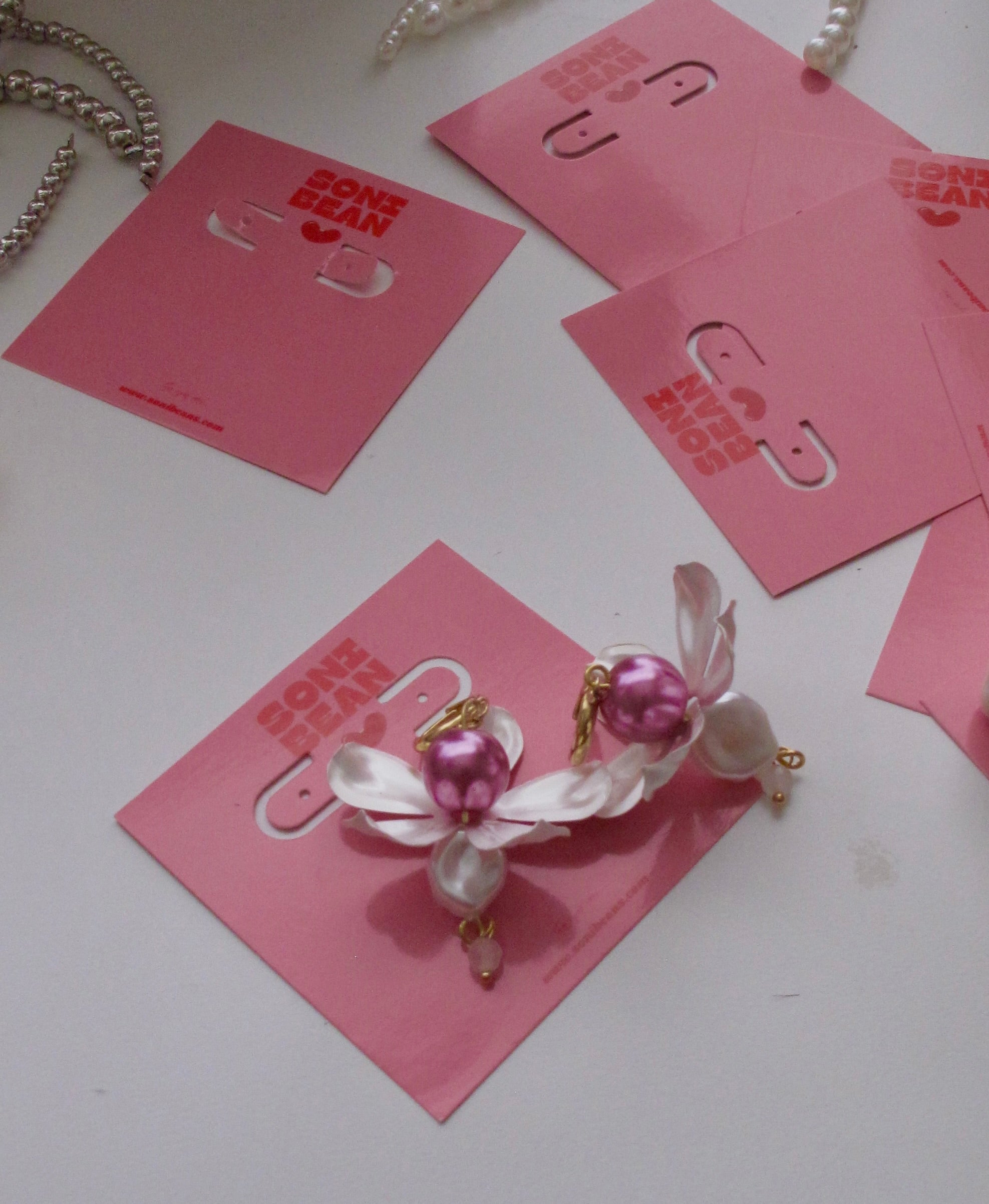 Pink flower drop earring