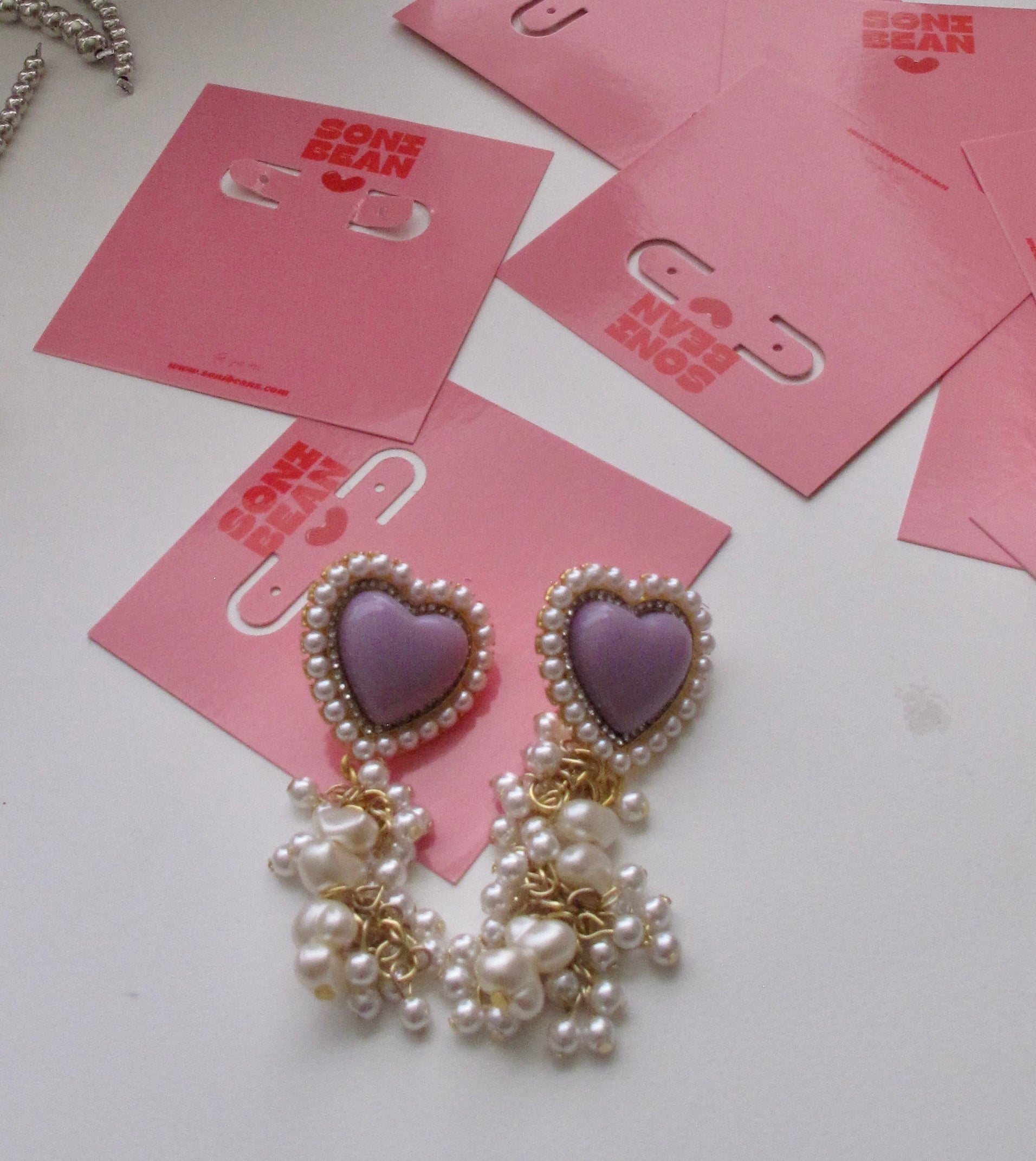 Lavender heart drop earrings