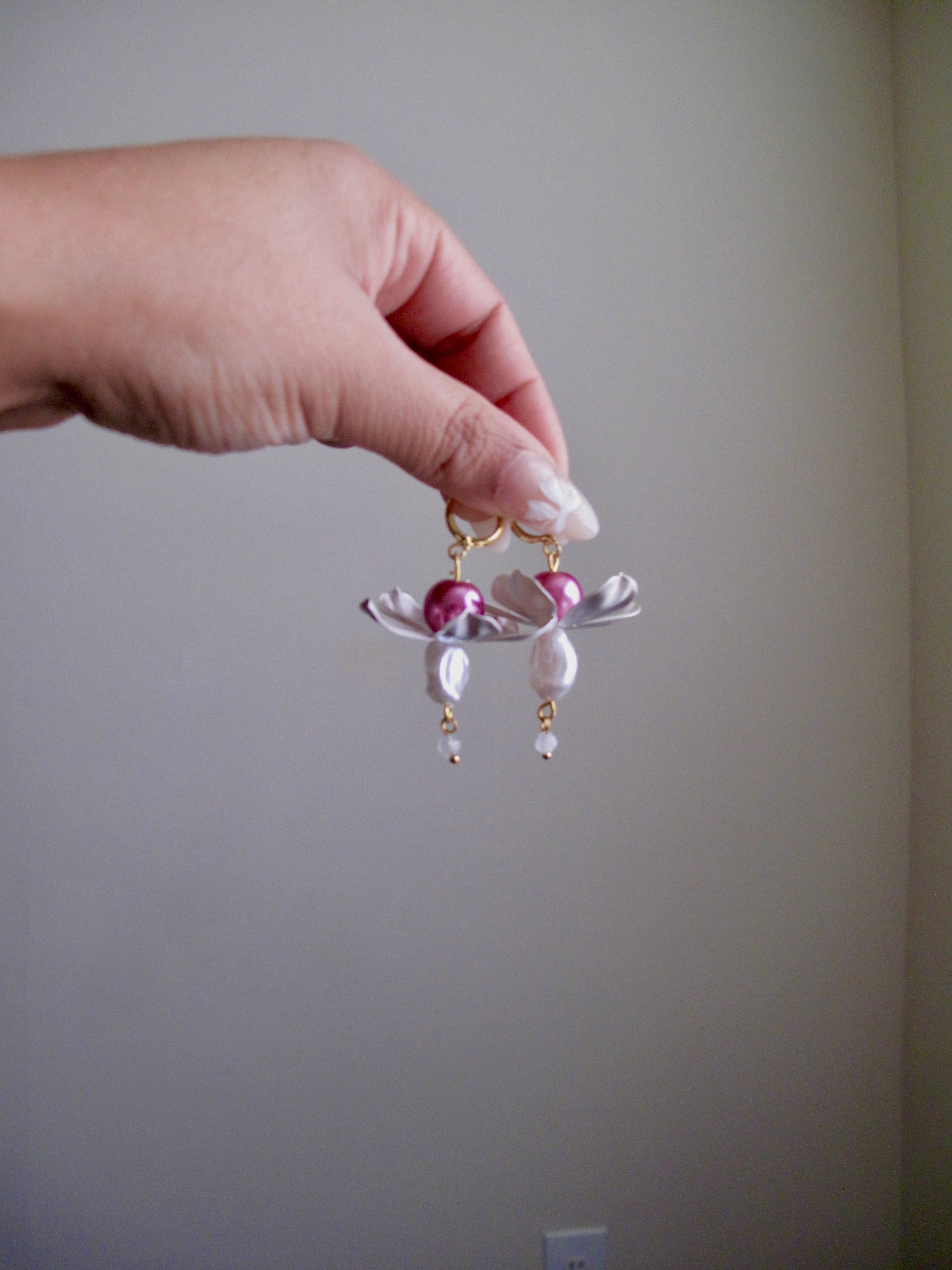 Pink flower drop earring
